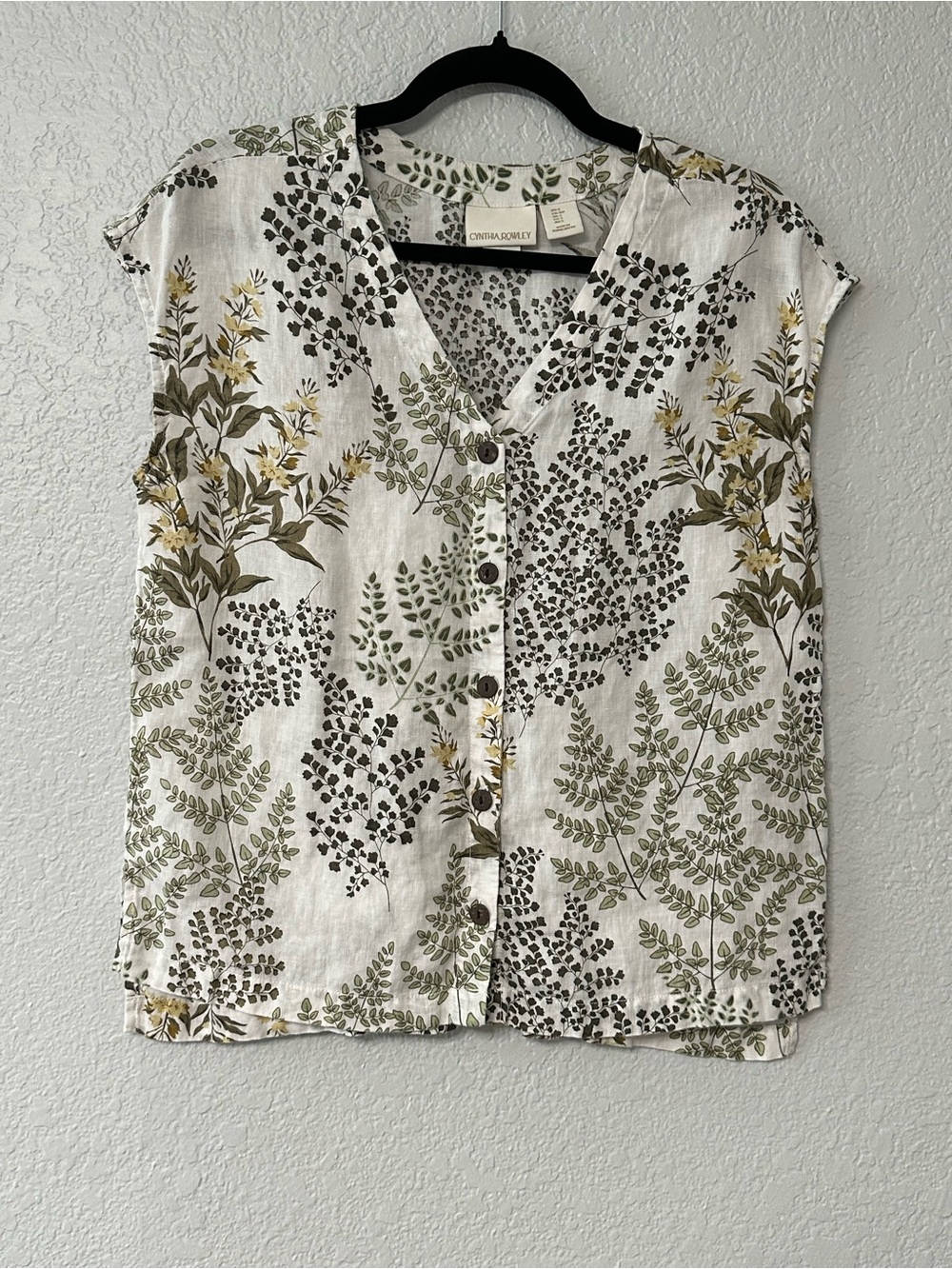 Cynthia Rowley Linen Botanical Fern Button Down Top Sz S V-Neck Boxy Lagenlook